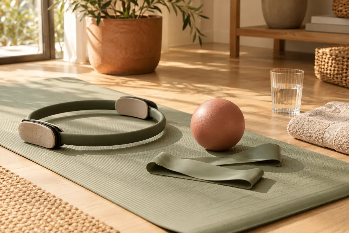 Tapis de Pilates avec un anneau, une petite balle et une bande élastique posés sur un parquet clair